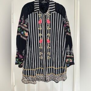 John Mark Black and Gray Striped Floral Embroidered Top